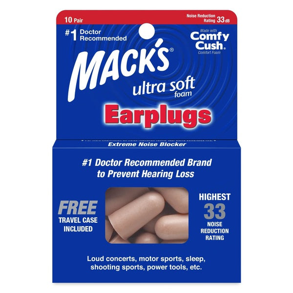 Macks Ultra Soft Foam Ear Plugs (NRR 33 | 10 Pairs w/ Carry Case)